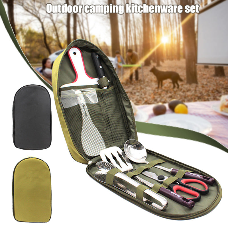 Juego de utensilios de cocina para acampar de 8 piezas, organizador de viaje, accesorios para parrilla, equipo compacto portátil para barbacoa, camping, senderismo