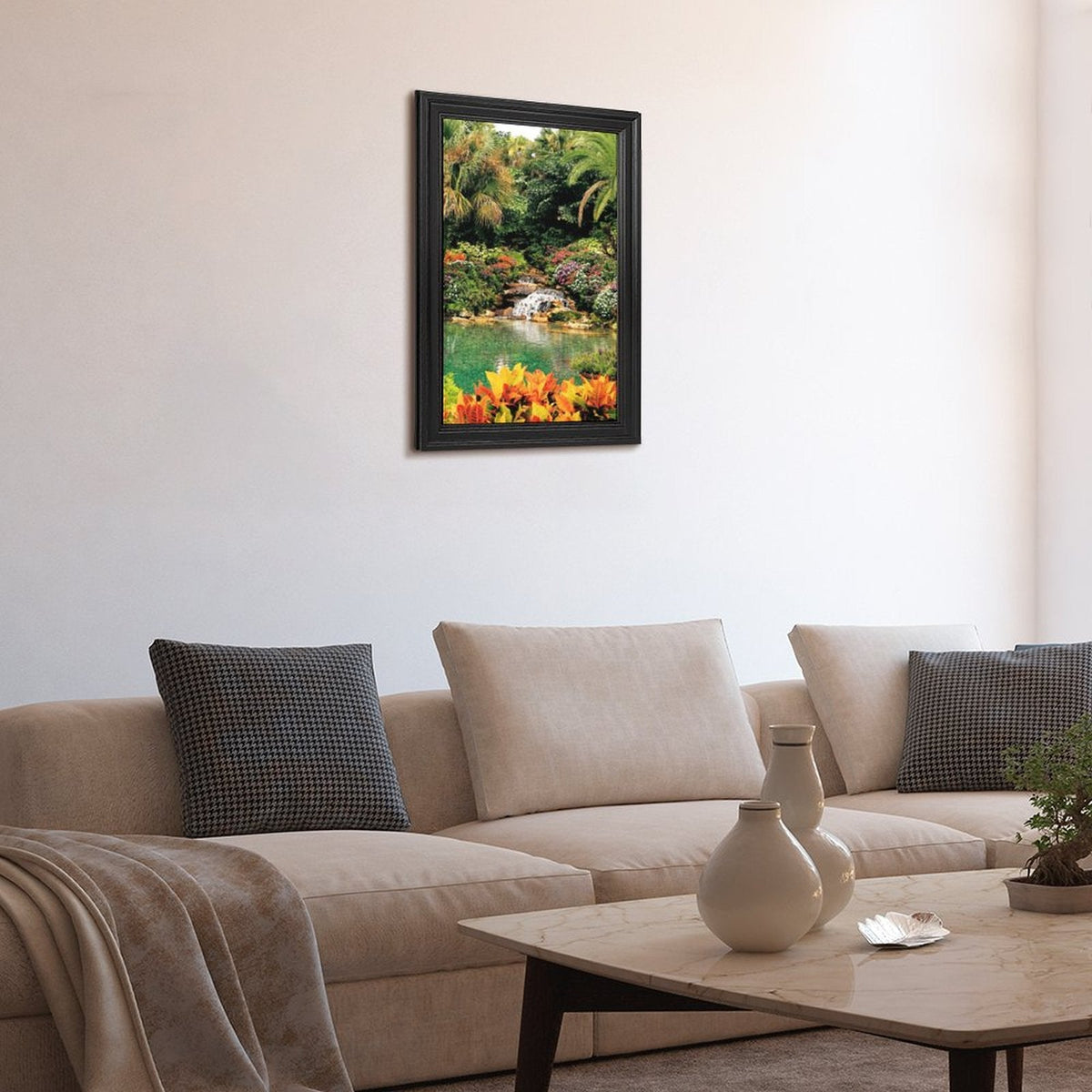 Serene Tropical Garden and Waterfall European Style Framed Art Print  - 16" × 24"