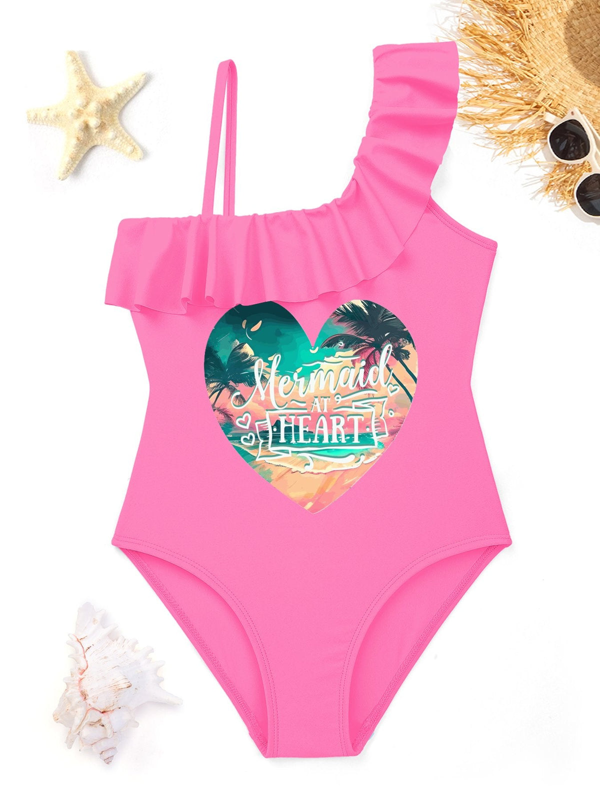 Girl's Mermaid at Heart Ruffled One-Piece Swimsuit (Front Printing)