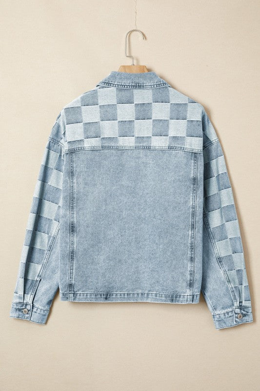 Checker Patchwork Denim Buttoned Jacket See size chart under “more details”