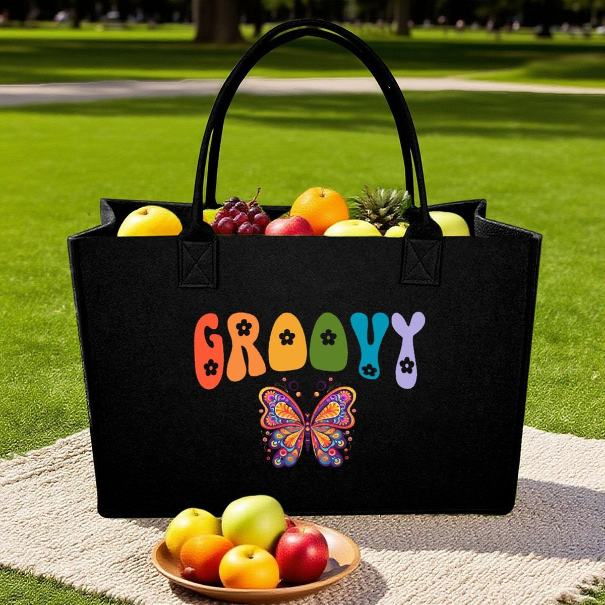 Groovy Butterfly Large Felt Tote Bag (Made in USA)