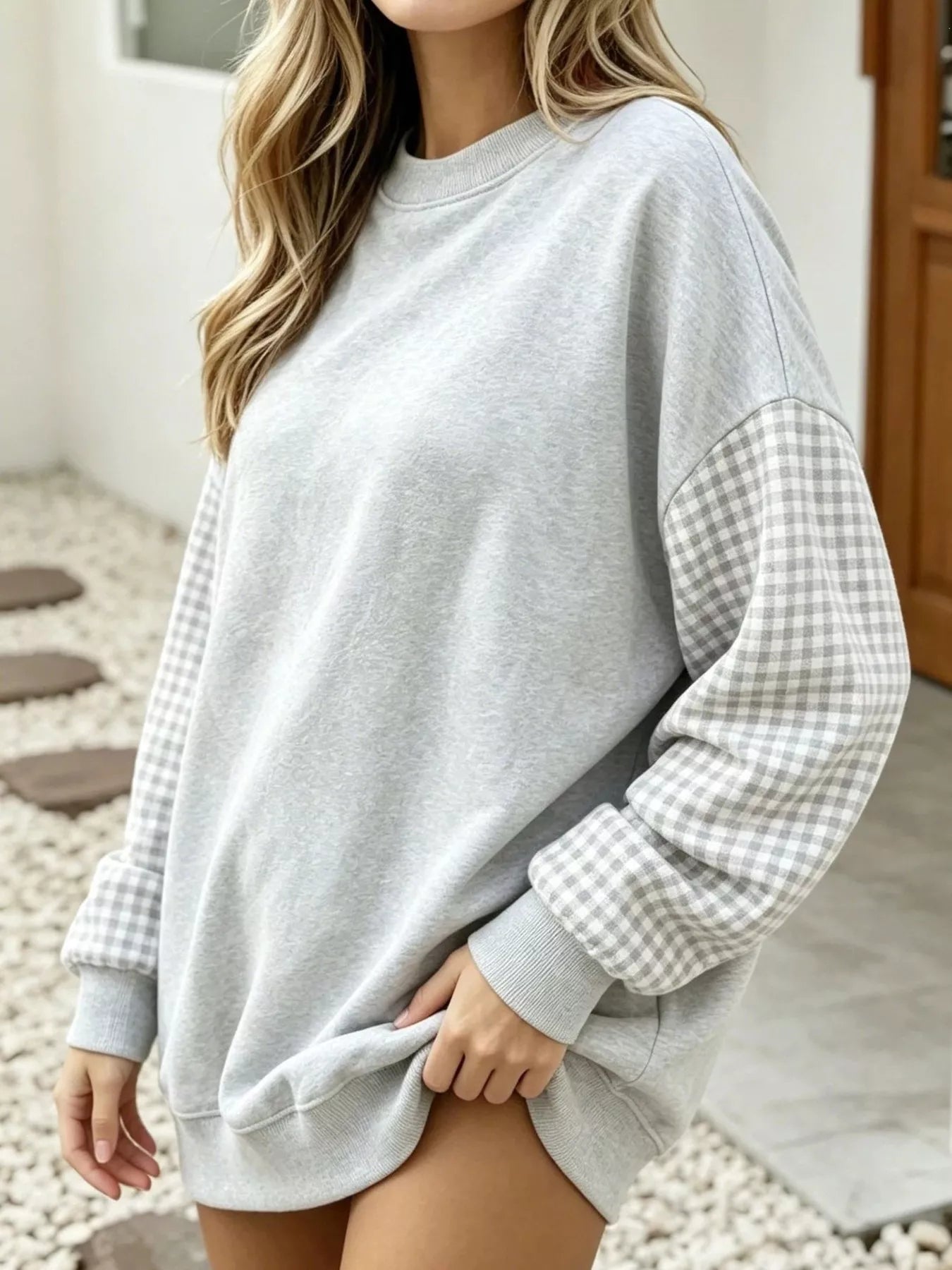 Contrast Gingham Long Sleeve Sweatshirt