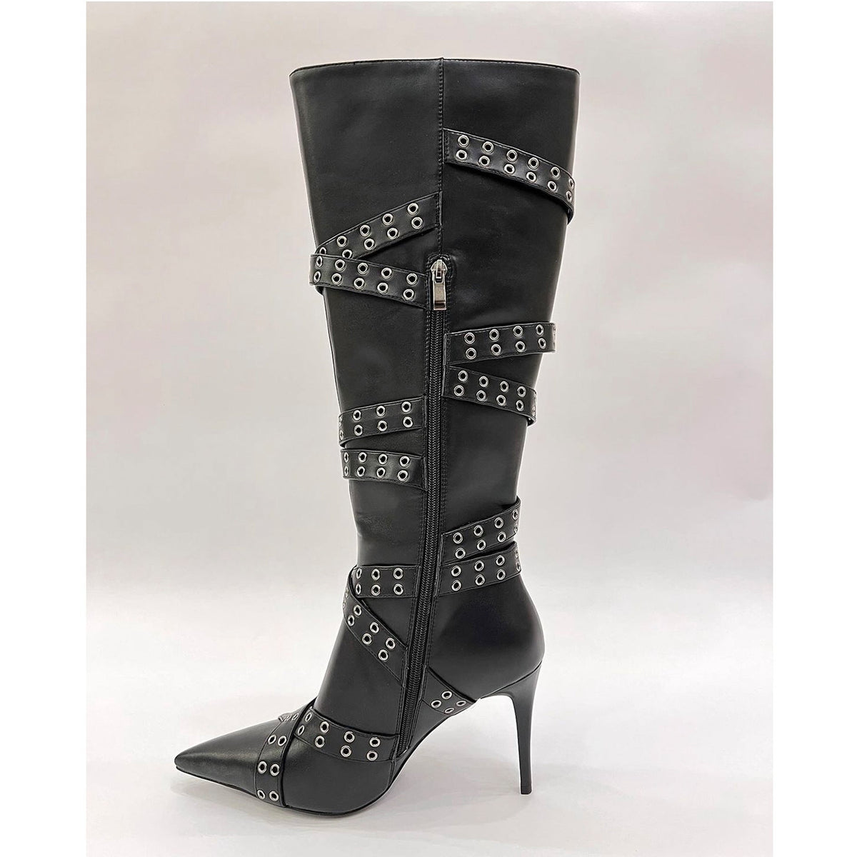 Strap-detail Pointed-toe Studded High-heeled Over-the-knee Boots For Women