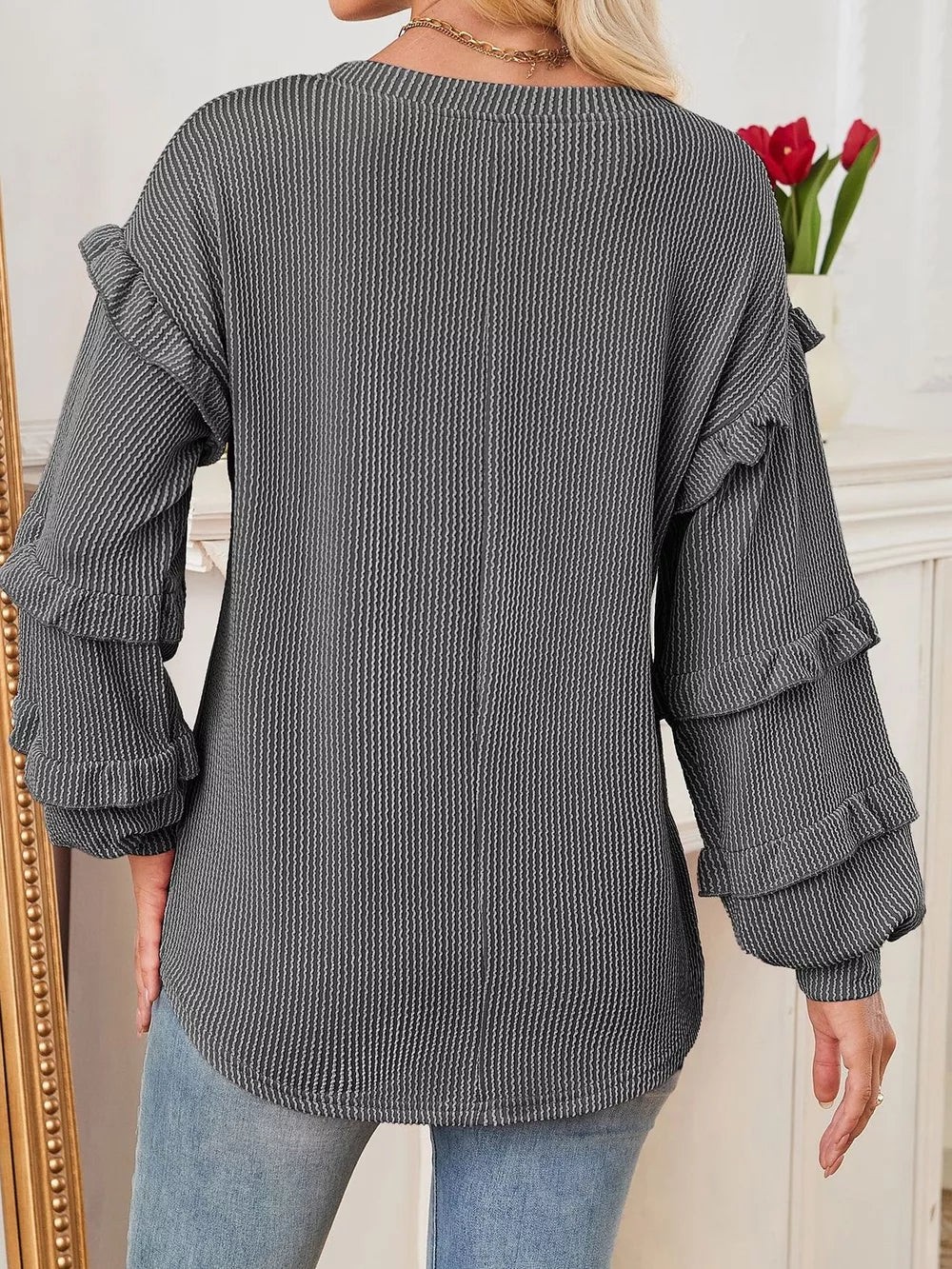 Round Neck Ruffled Long Sleeve Sweatshirt