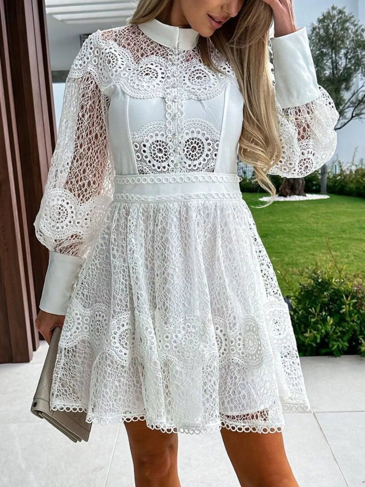 Lace Lantern Sleeve Mini Dress