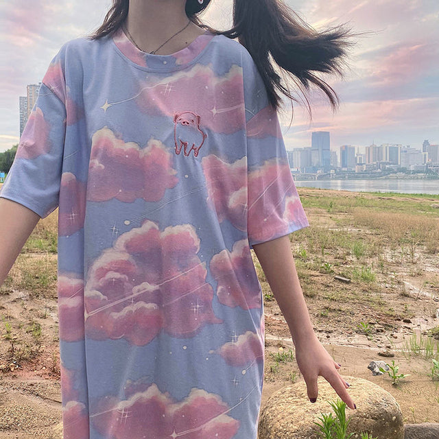 Summer Embroidery Piggy T-Shirt for College Girls