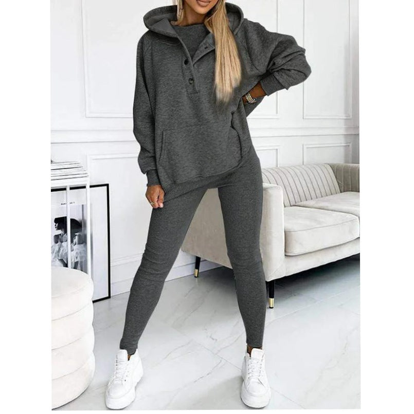 Sudadera informal con capucha, chaleco ajustado con hilo engrosado y pantalones, conjunto de tres piezas. Consulta la tabla de tallas en "más detalles".