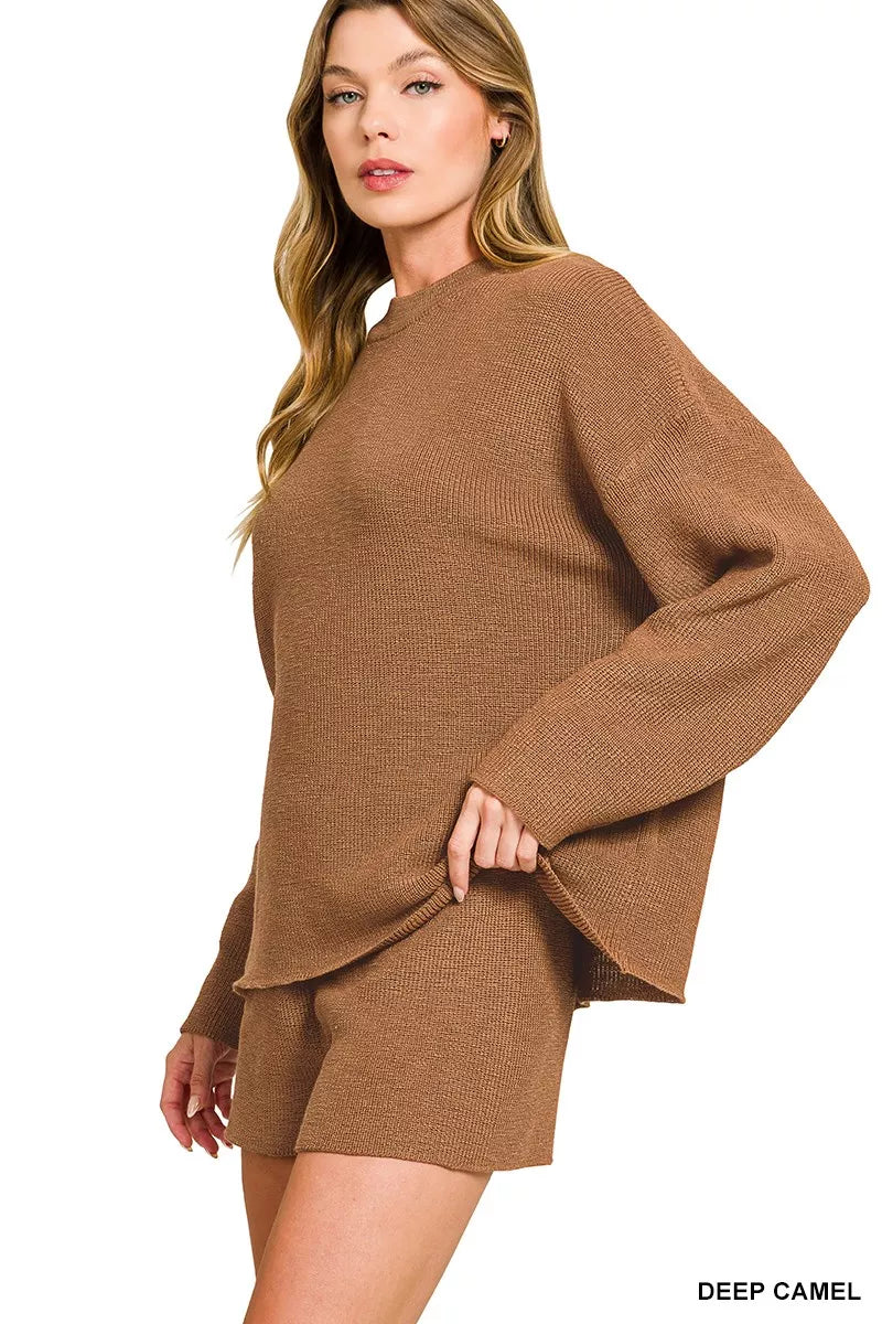 Zenana Round Neck Knit Top and Shorts Sweater Set in Camel