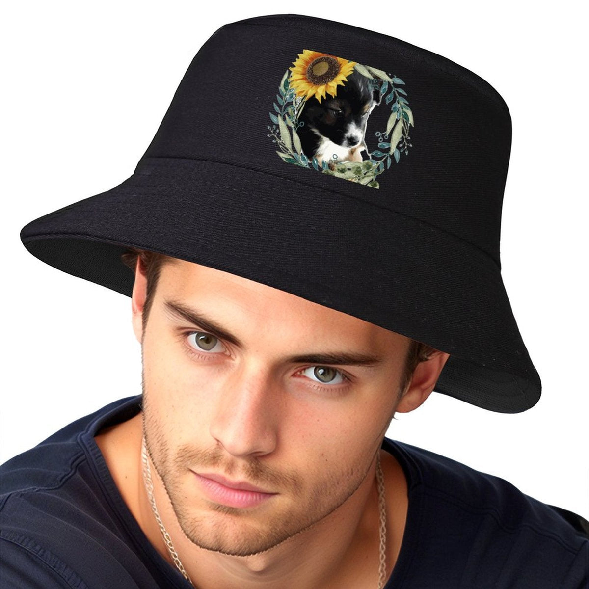 Black Bucket Hat with Cute Puppy for Women & Men (Front Printing)