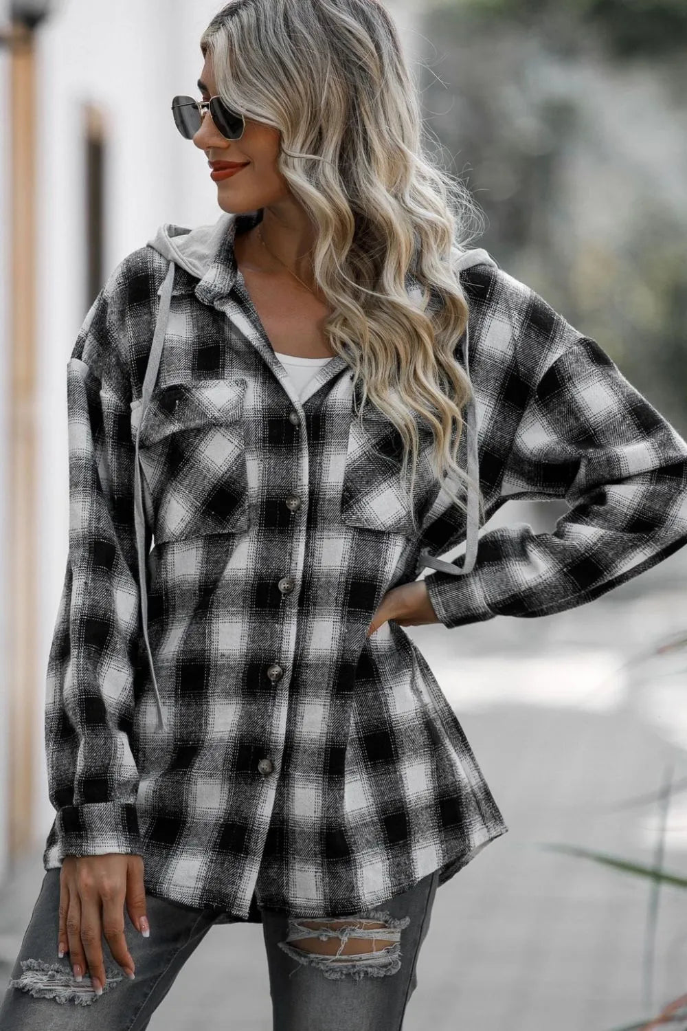 Chaqueta de cuadros con capucha, mangas largas y cordón ajustable Double Take