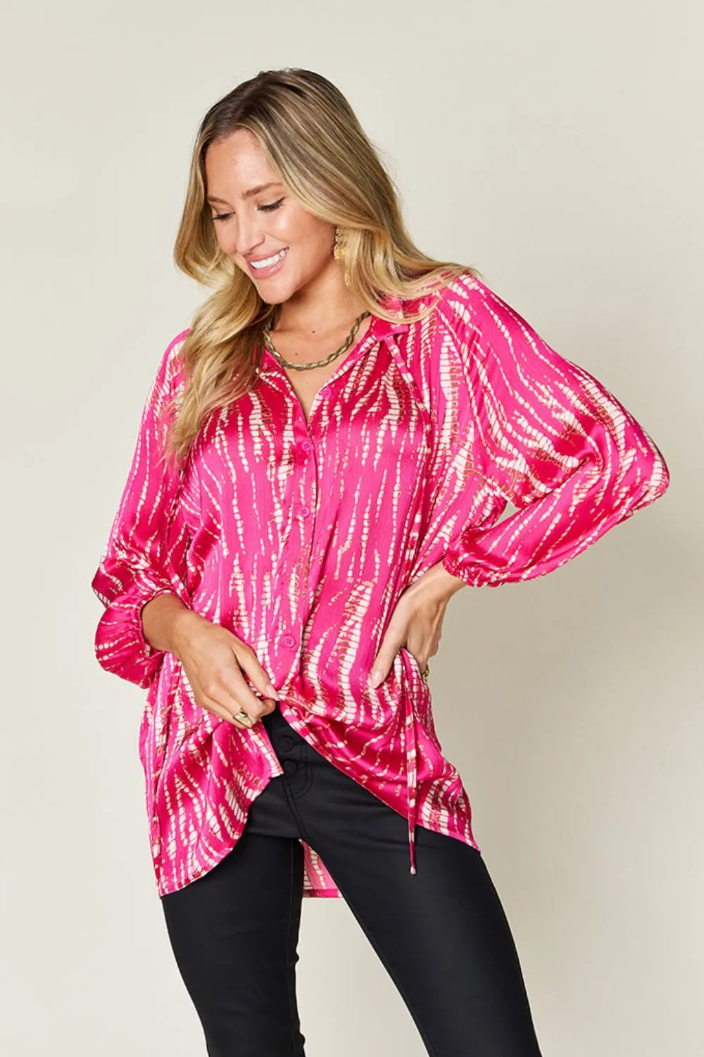 Camisa abotonada de manga larga estampada Full Size Double Take