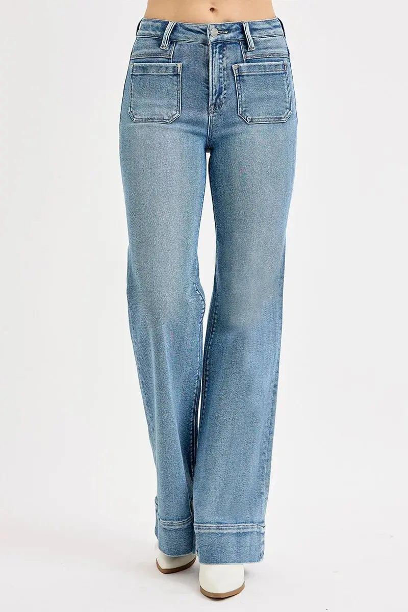 Women's Plus Size Jeans Jeans - High Rise Plus Size Patch Pocket - Wide Flare Denim