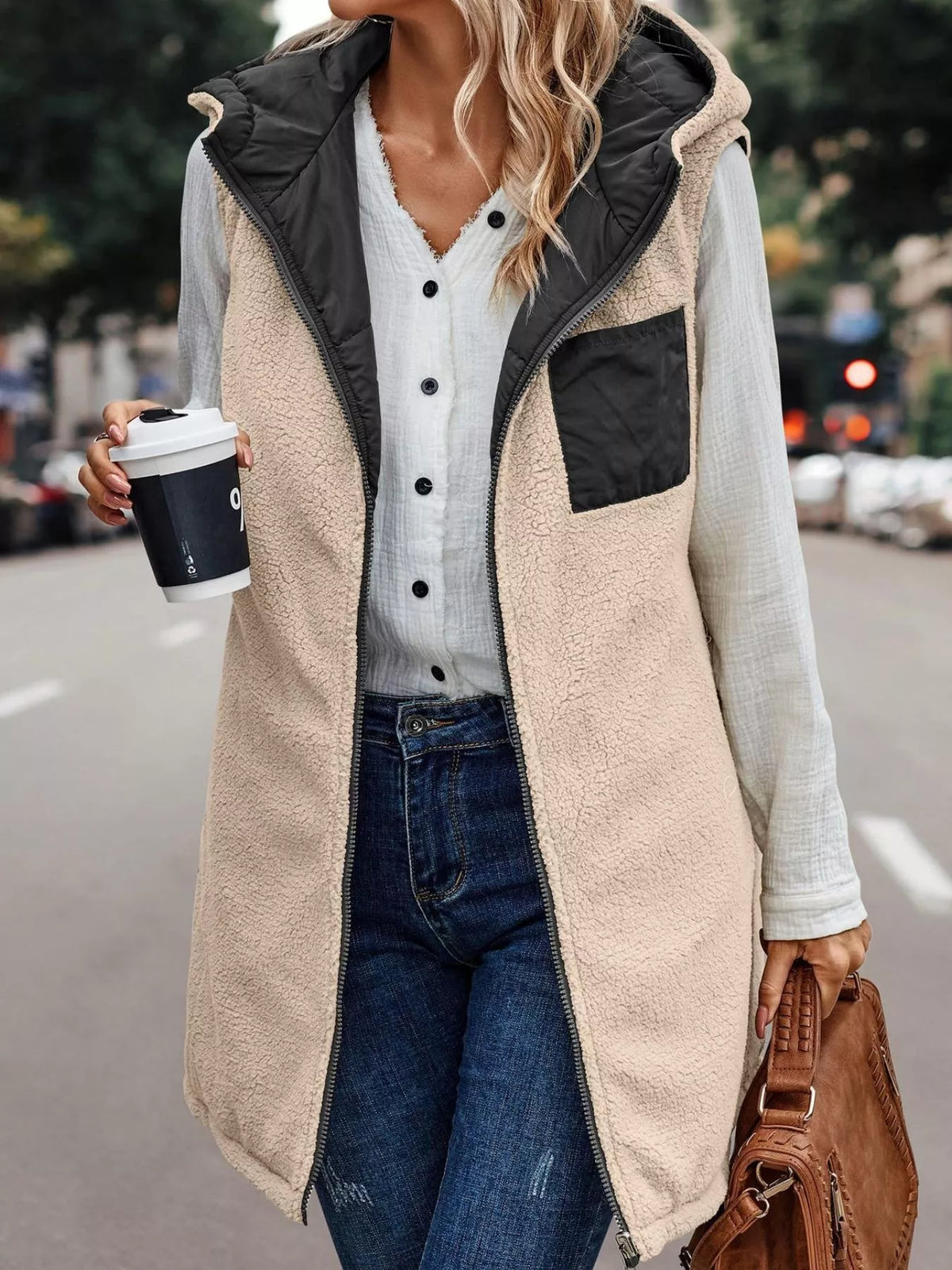 Full Size Hooded Sherpa-Lined Puffer Vest Coat Plus Size