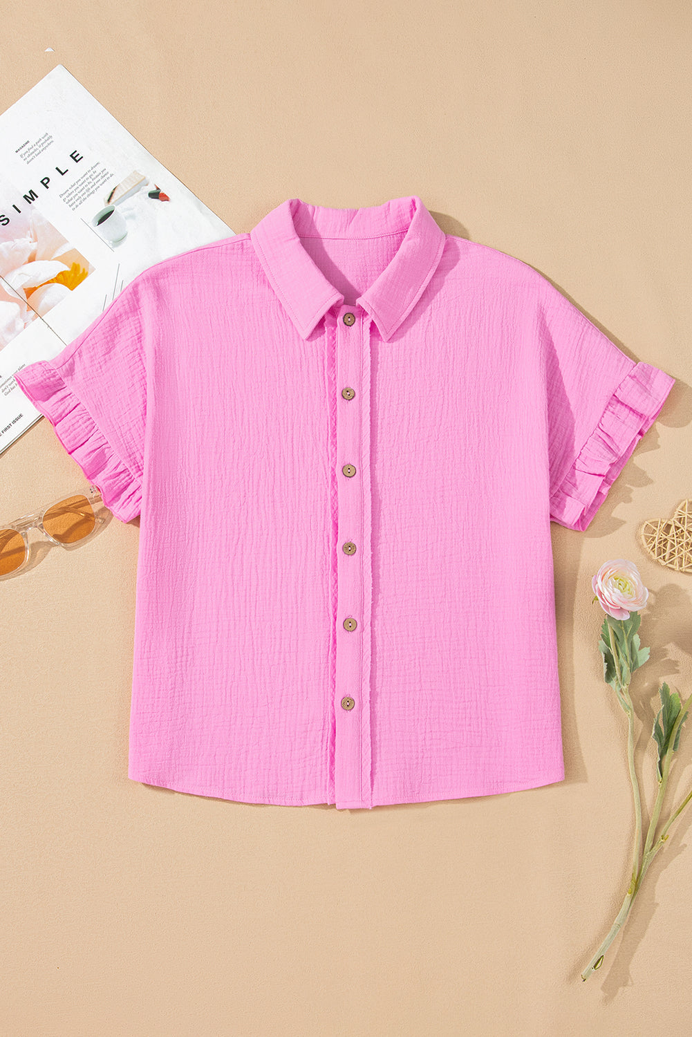 Camisa de manga corta con volantes y textura lavada a la piedra Bonbon