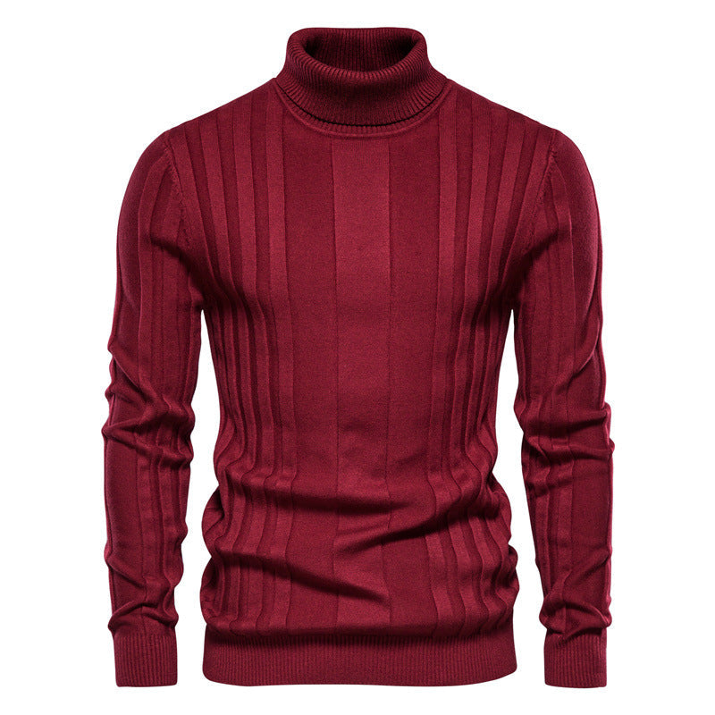 New Men's High-Neck Casual Knit Warm Base Sweater, Solid Color Pullover, Plus Size Slim Fit
