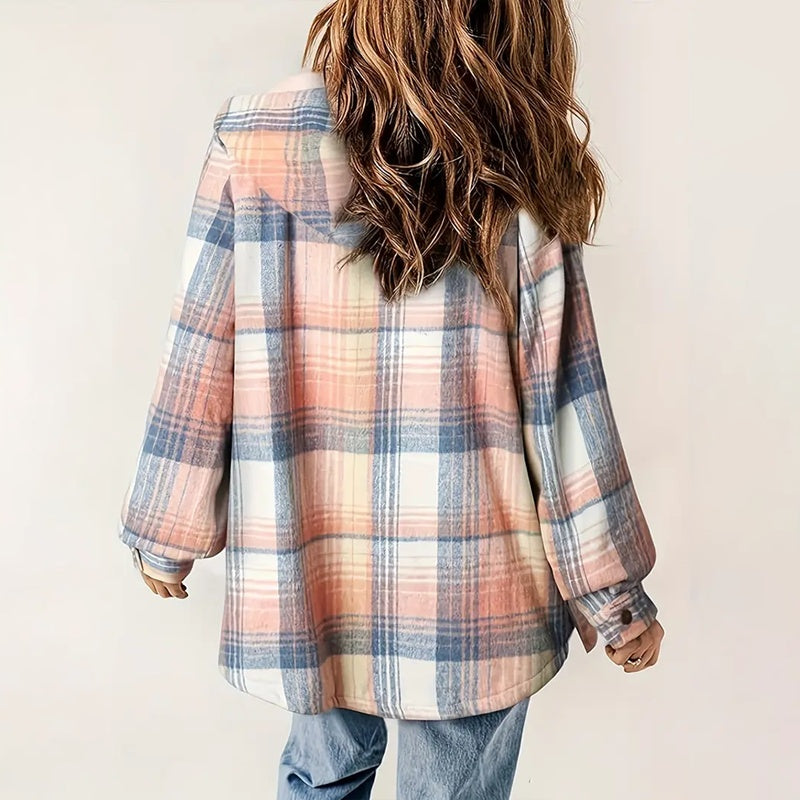 Women's Plaid Button-Up Long Sleeve Jacket Fall Winter  Flap Button Pocket Design Casual Hooded Fleece-Lined Warm Coat See size chart under “more details”