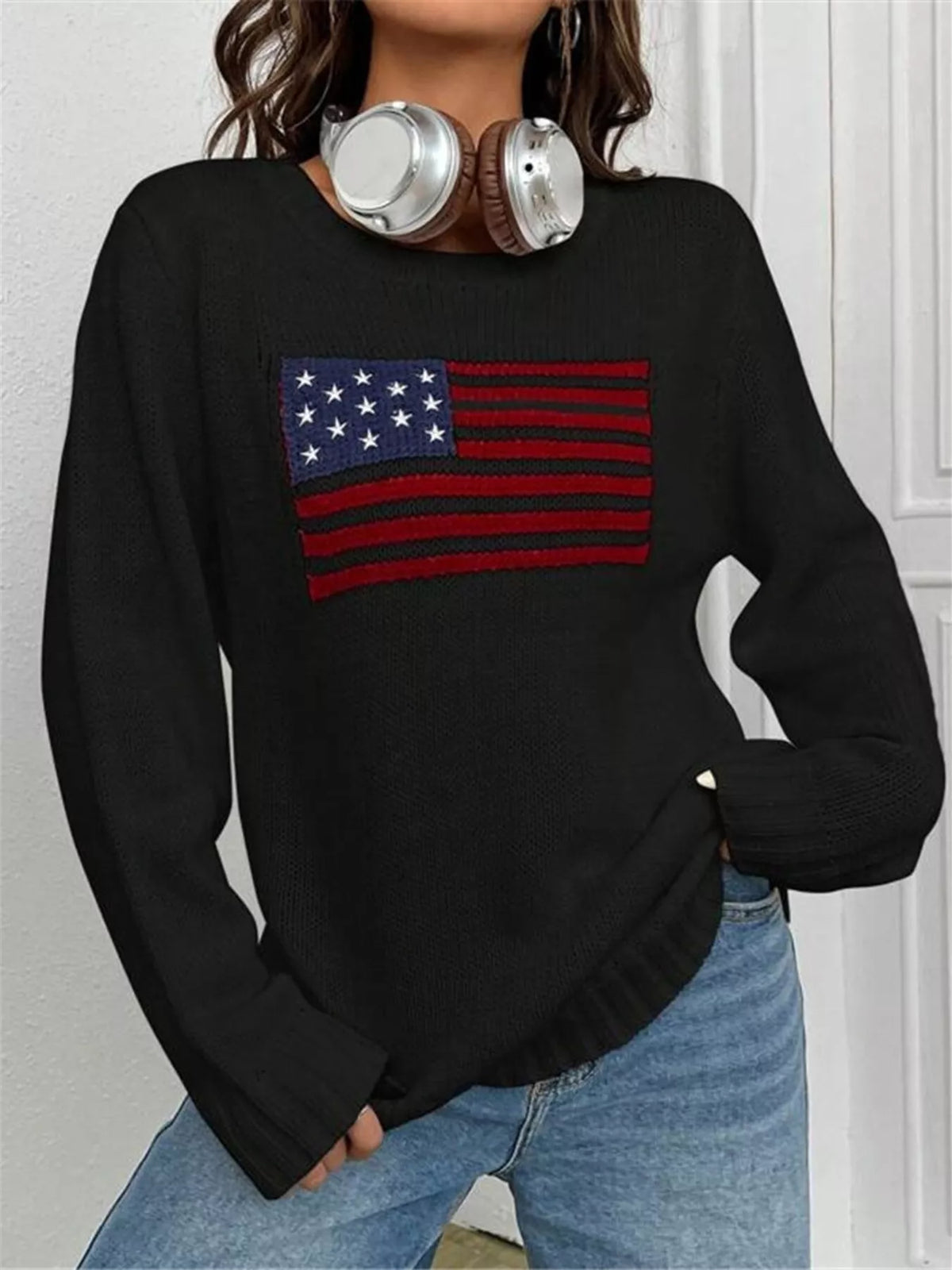 US Flag Round Neck Long Sleeve Sweater