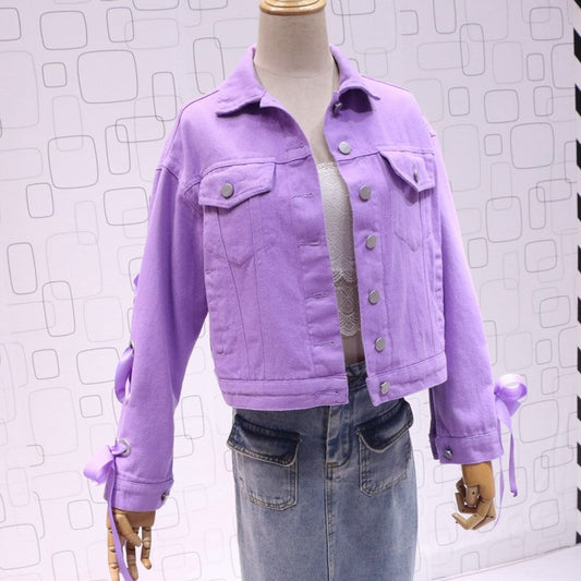 Chaqueta corta de mezclilla, Top con lazo de chaqueta morado Consulte la tabla de tallas en "más detalles"