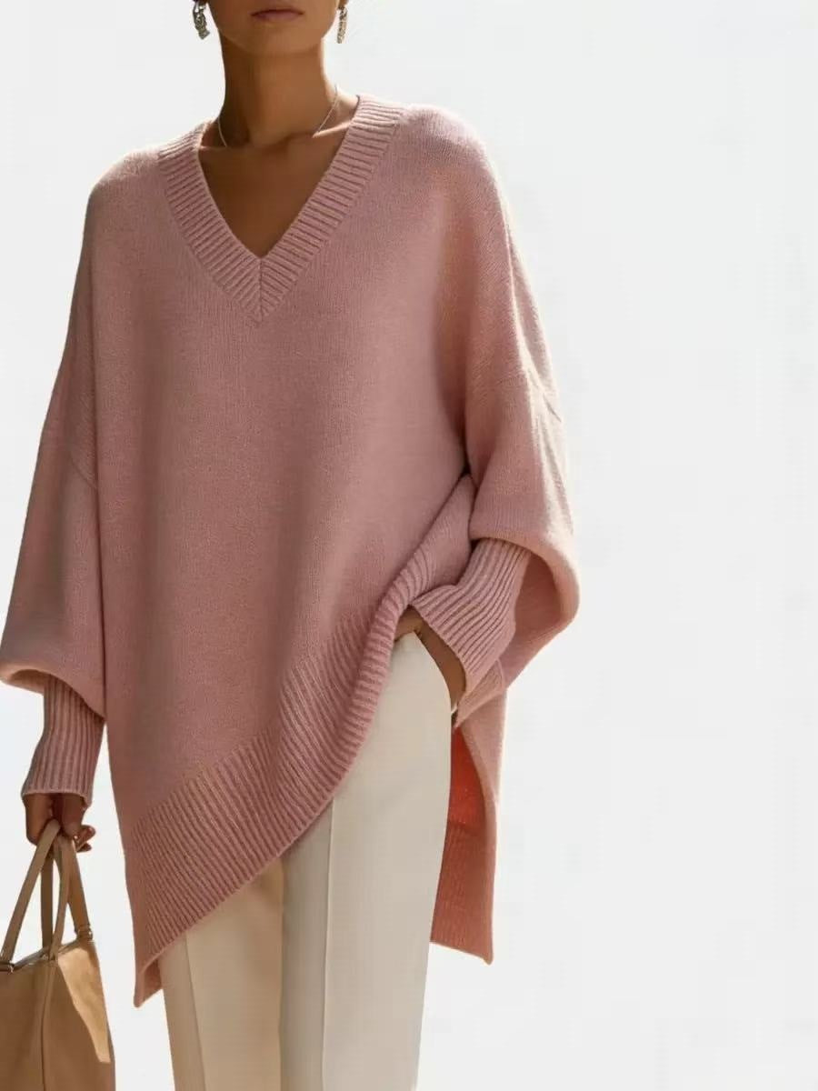 Women's V Neck Oversized Knit Sweater, Long Sleeve Solid Color Lazy Style Loose Asymmetric Hem Pullover Top For Spring Daily Wear
