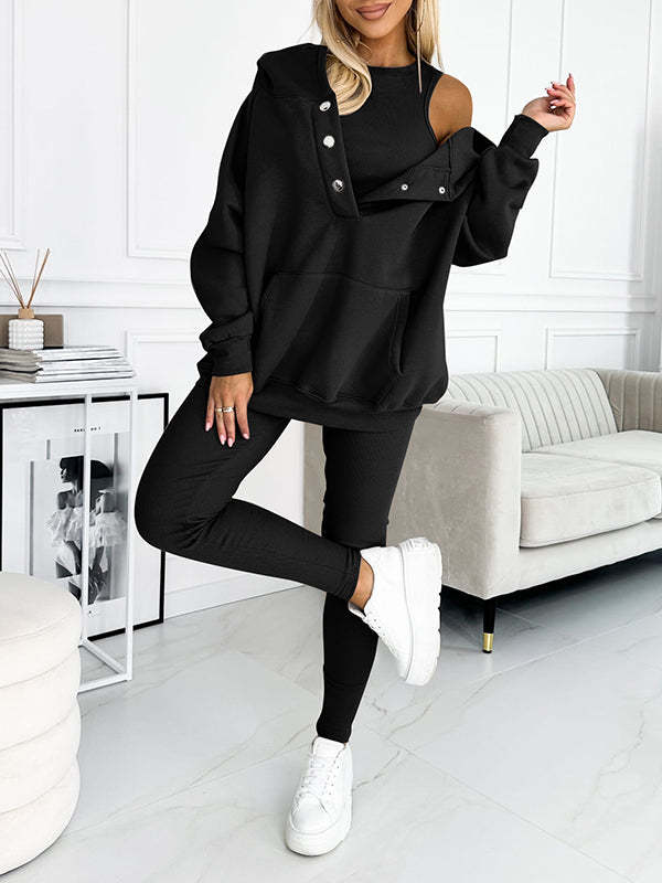 Sudadera informal con capucha, chaleco ajustado con hilo engrosado y pantalones, conjunto de tres piezas. Consulta la tabla de tallas en "más detalles".
