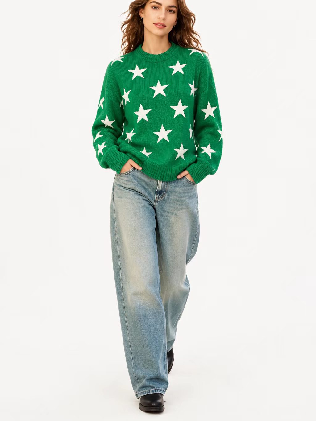 Womens Retro American-Style Star Jacquard Crew-Neck Sweater