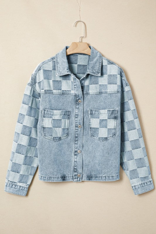 Checker Patchwork Denim Buttoned Jacket See size chart under “more details”