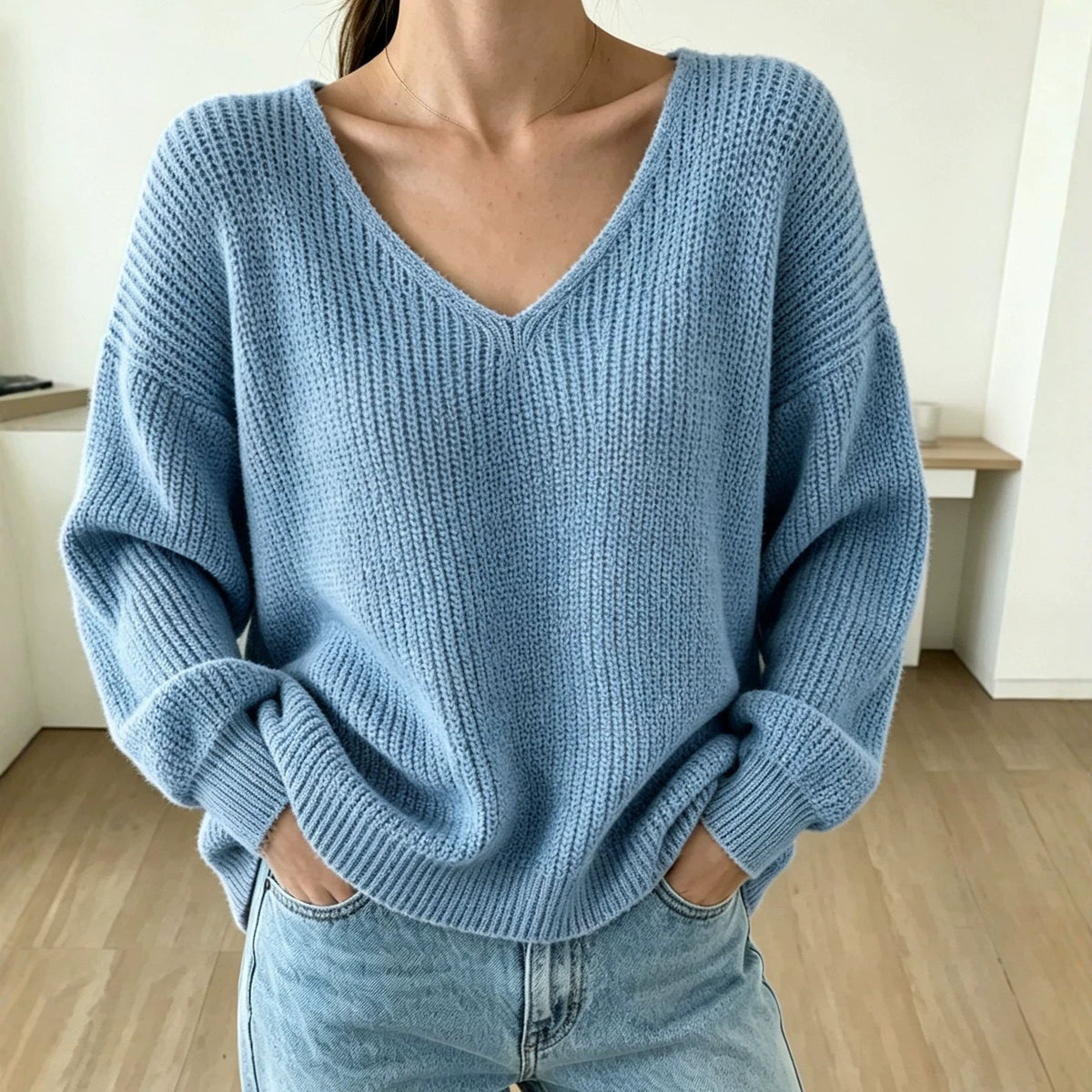 Thickened Long-sleeved Loose-fit V-neck Pullover Sweater For Women