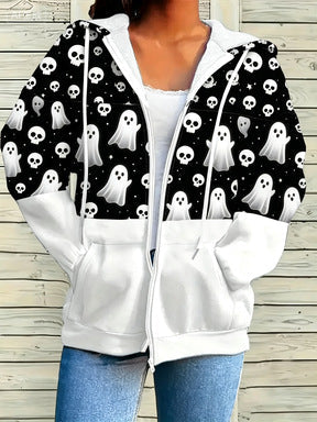 Women's Halloween-themed Printed Zip-up Hooded Jacket, Casual Long-sleeve Top, New Autumn American-style Sweatshirt