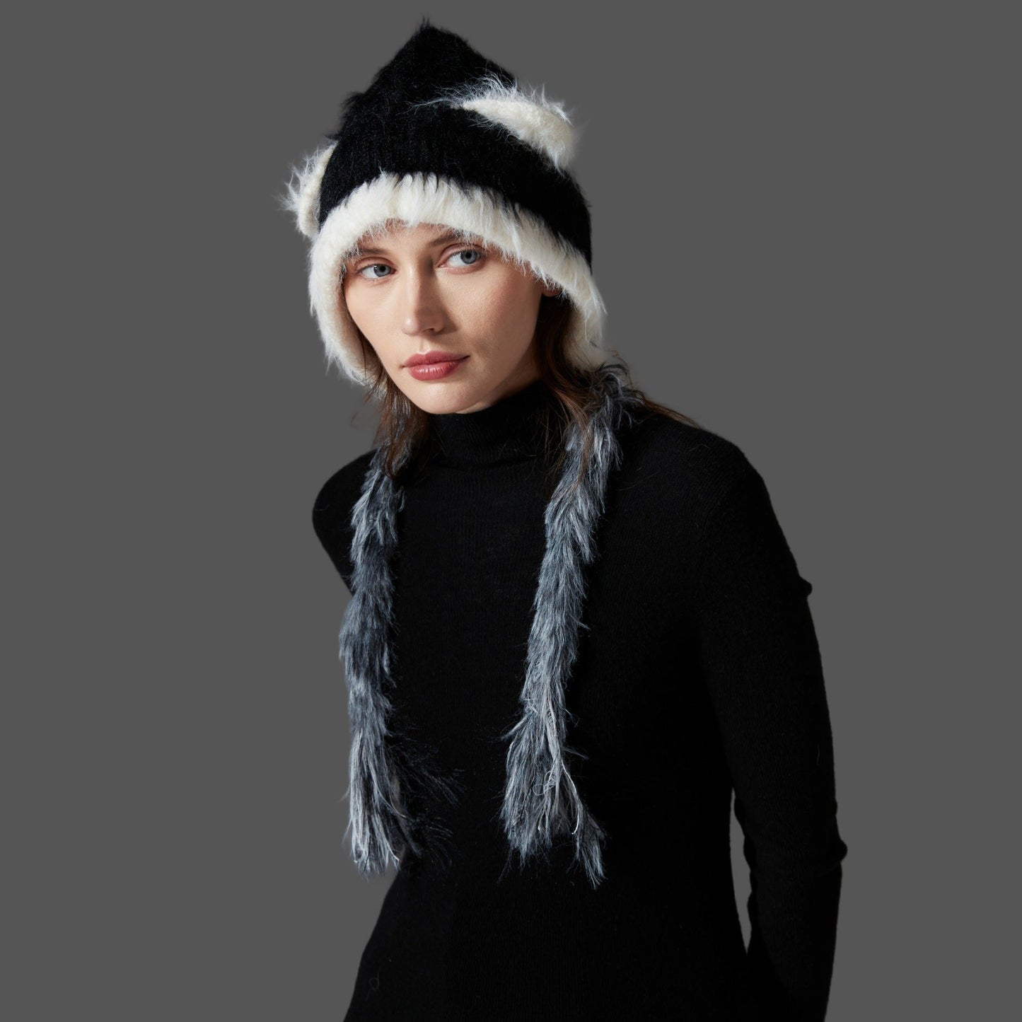 Gorro de punto de lana de visón con orejas de gato y protección para las orejas - Acogedor gorro con orejas de animales