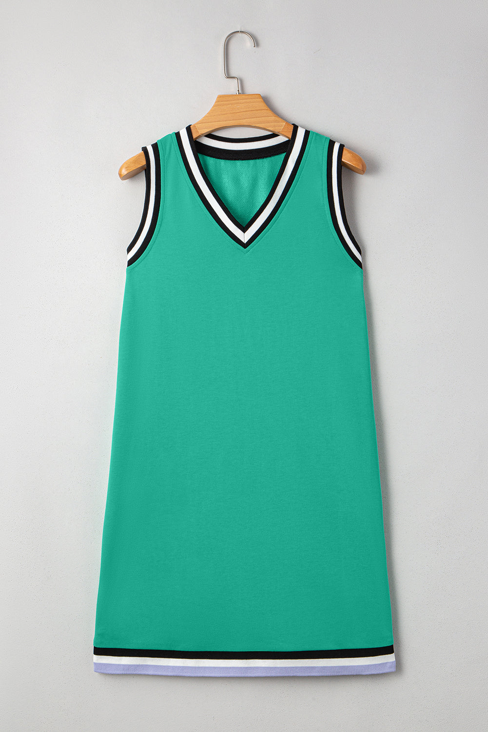 Minivestido sin mangas tipo túnica con cuello en V, ribetes en contraste y color verde menta