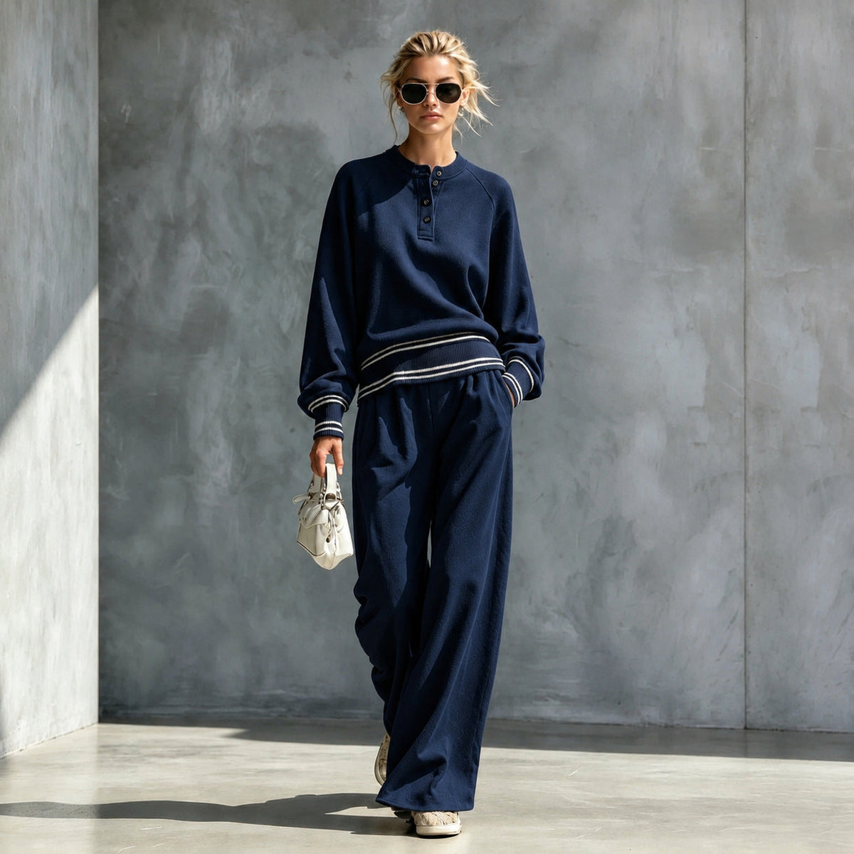 Women's Striped-Trim Henley Top & Wide-Leg Pants Set