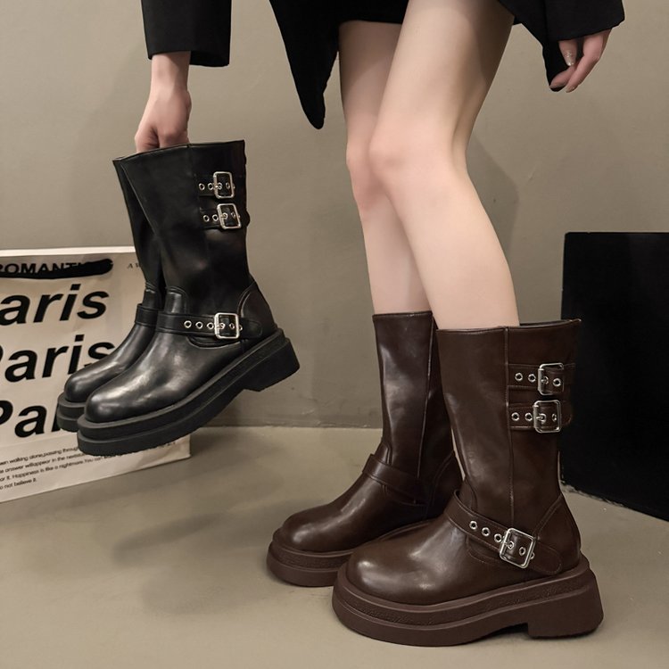 Women Fashion Boots Soft Leather Belt Buckle Flat Heel Western Cowboy Boots Summer New Retro Round Toe Mid Calf Knight Boots For Women