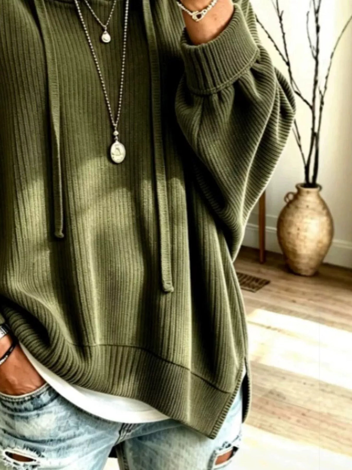 Drawstring Ribbed Knit Hoodie
