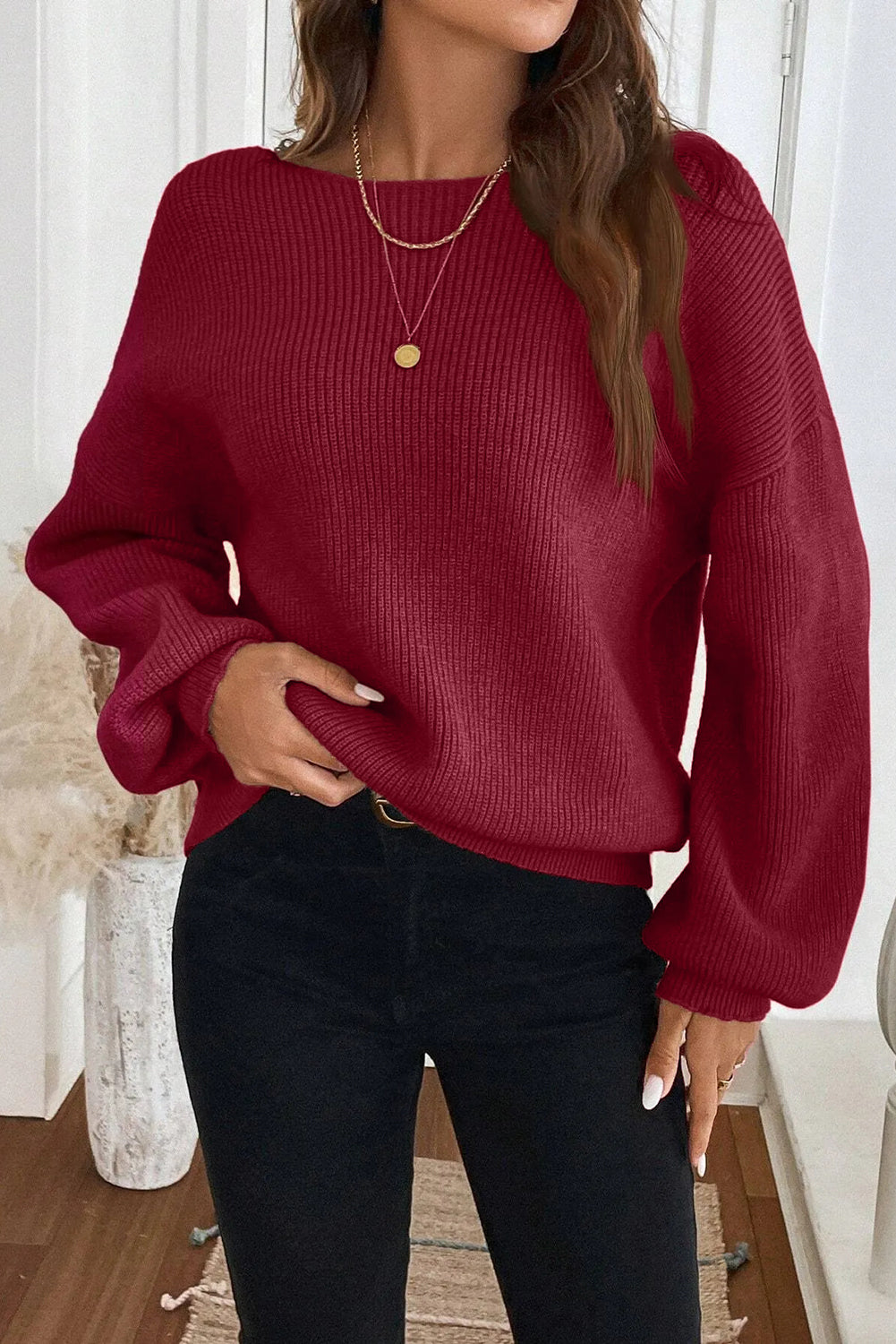 Jet Stream Ribbed Knit Ribbon Knot Backless Drop Shoulder Sweater