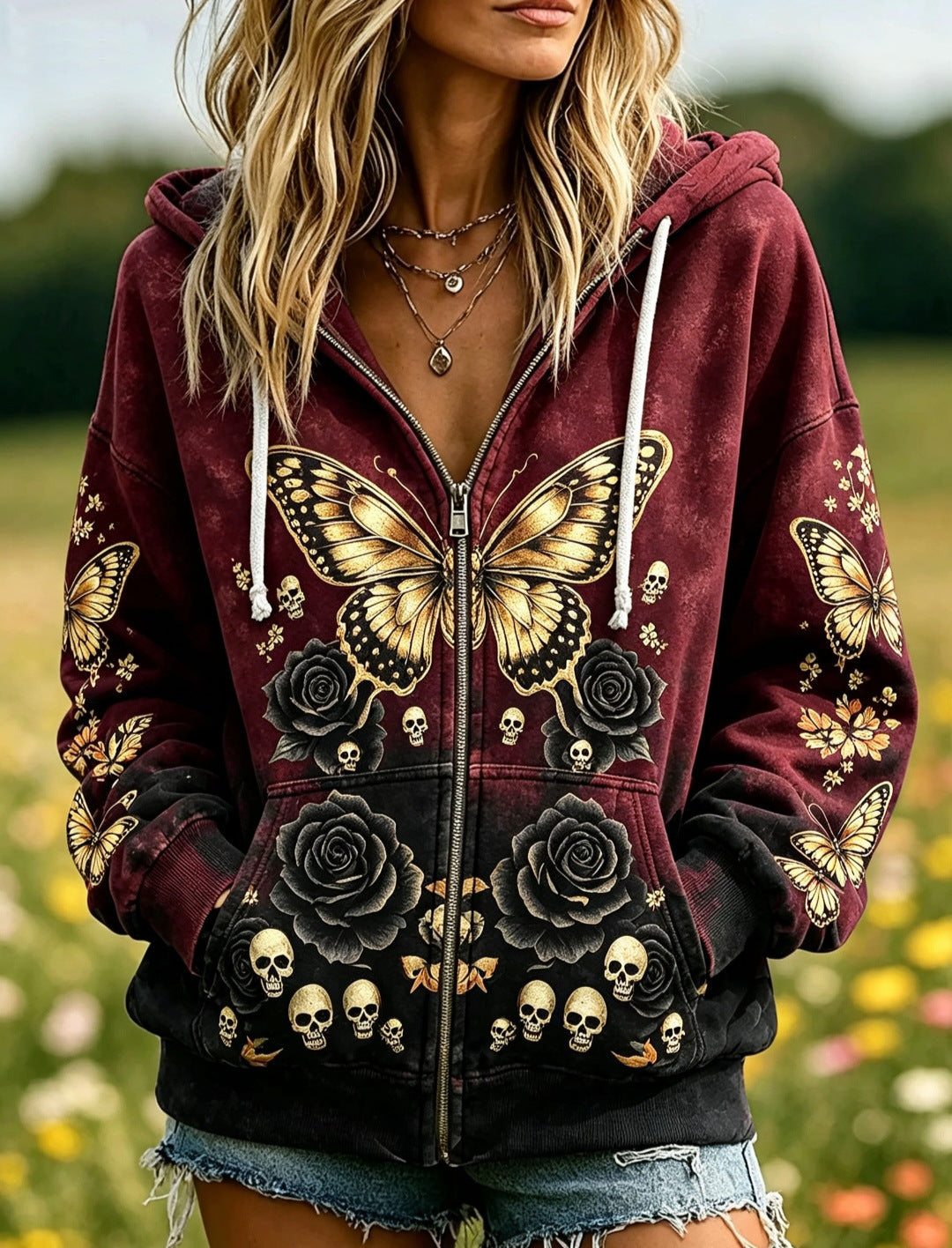 European And American Style Halloween Hooded Cardigan Women's Top Creative Skull Floral Wing Print Ladies Zip-Up Jacket