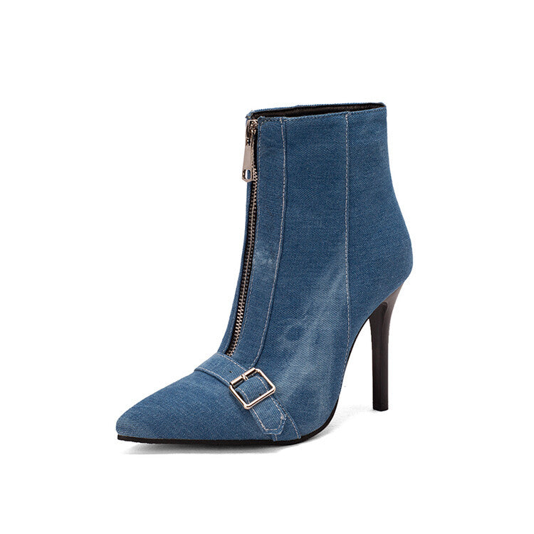 Women's Belt Buckle Front Zipper High-Heel Boots