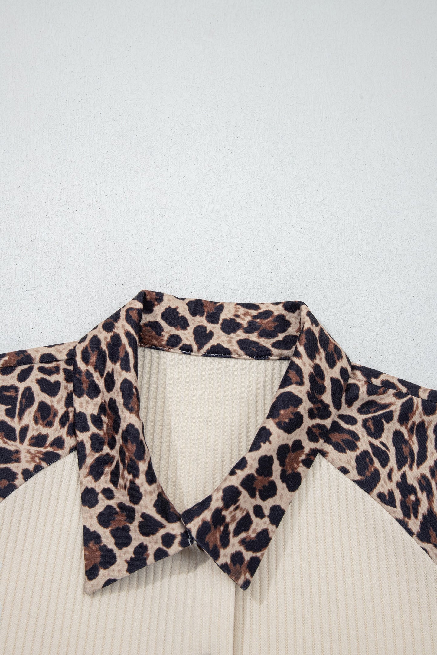 White Ribbed Texture Button Down Leopard Patchwork Short Sleeve Shirt