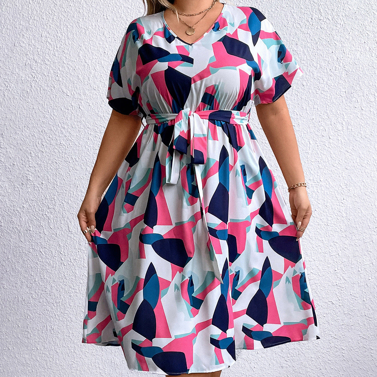 Summer Trendy Geometric Pattern Multi-color Mosaic Women's Plus Size V-neck Dress See size chart under “more details”