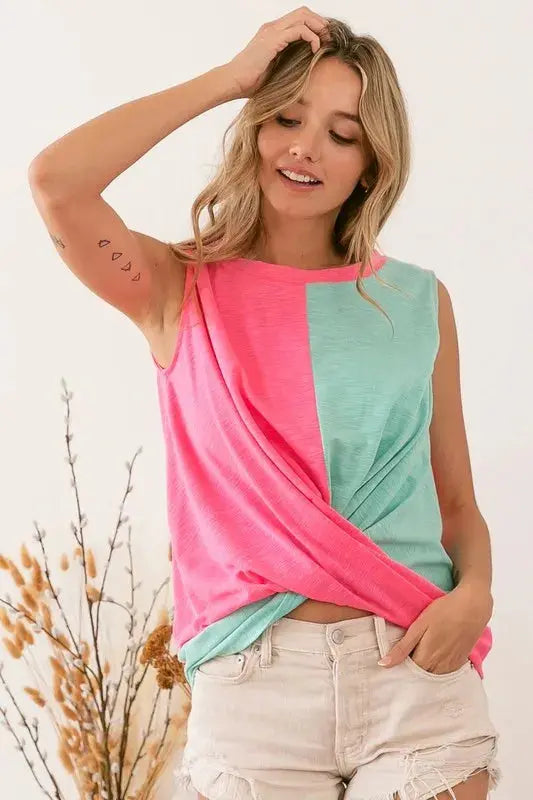 Women's Tank Top - Slub Terry Color Block Twisted - Casual
