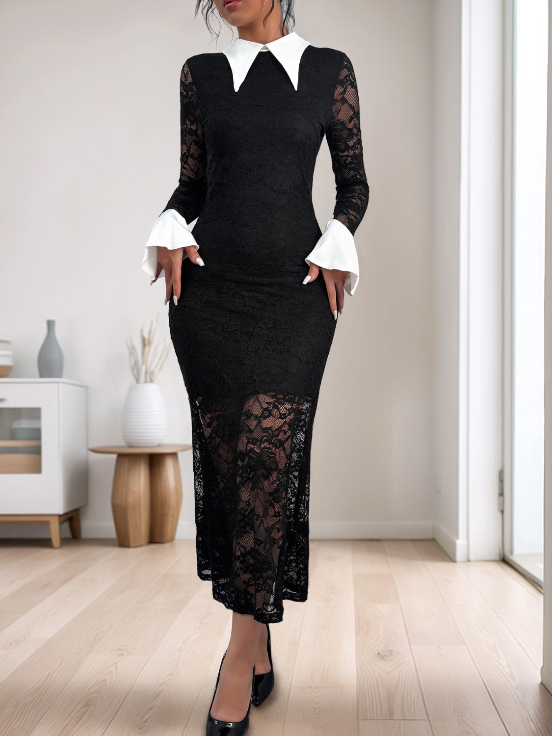 Vestido midi de manga larga con cuello y encaje en contraste Perfee