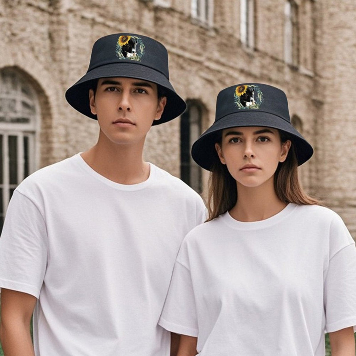Black Bucket Hat with Cute Puppy for Women & Men (Front Printing)