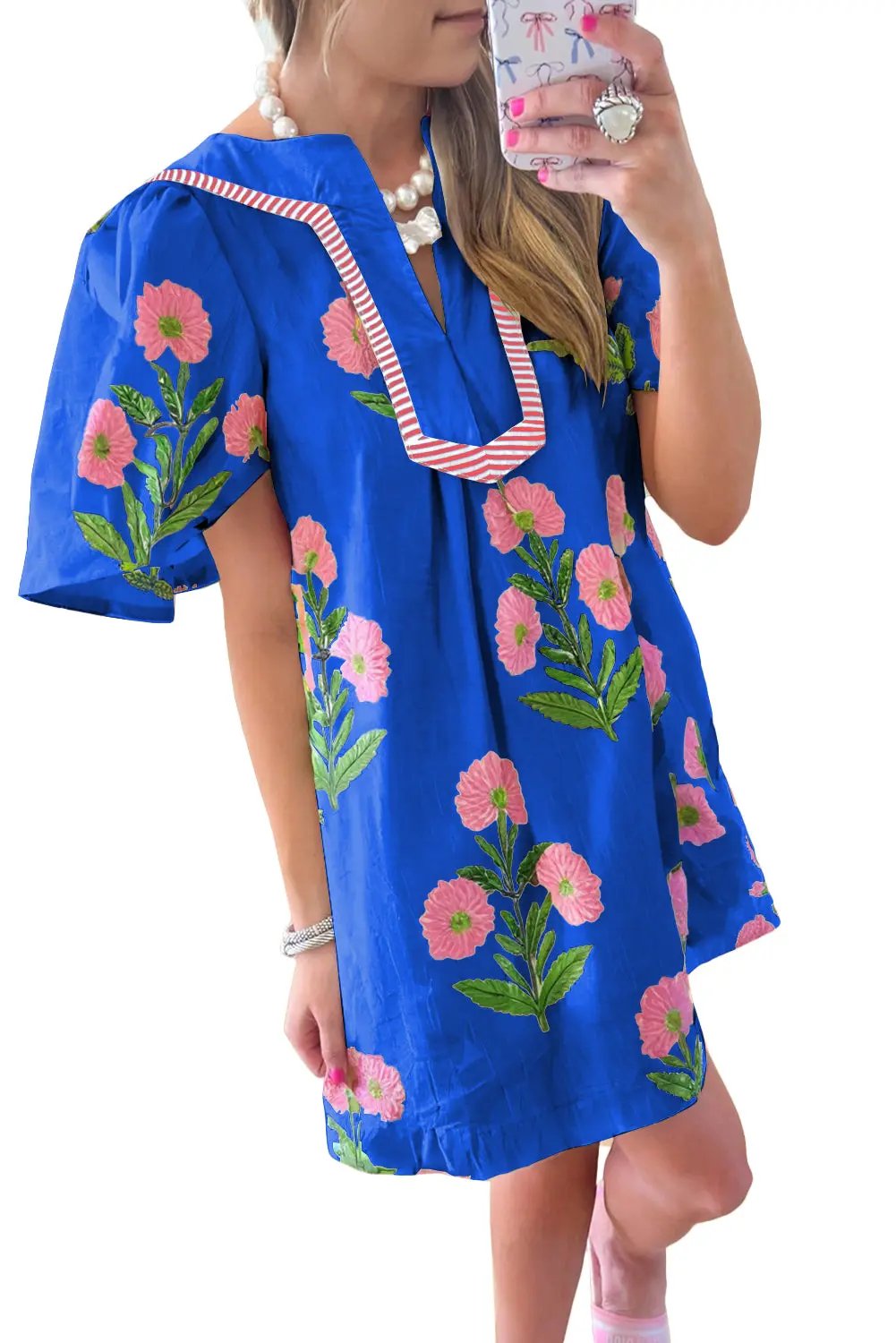 Mini Dress - Blue Floral Short Sleeve - Southern Belle Style
