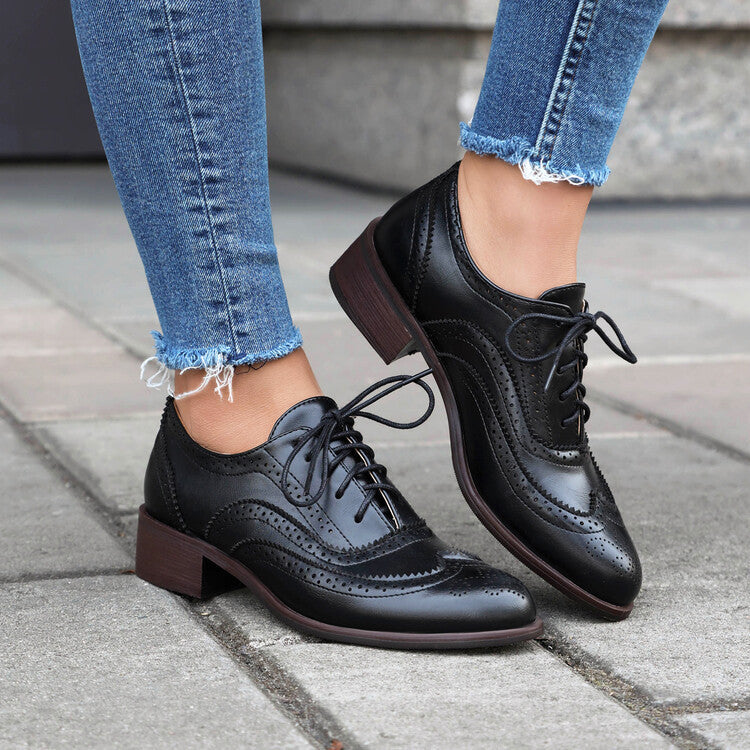 Women's Color Matching Round-Toe Lace-Up Heels