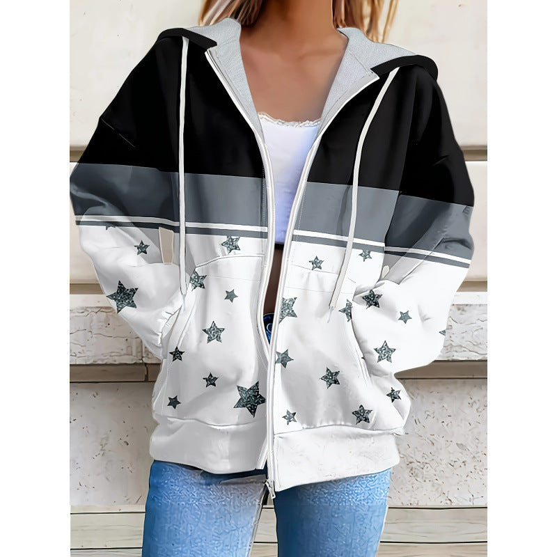Long Sleeved Zipper Women's Hooded Sweatshirt American Santa Claus Jacket Personalized Denim Print Spring & Fall New Top