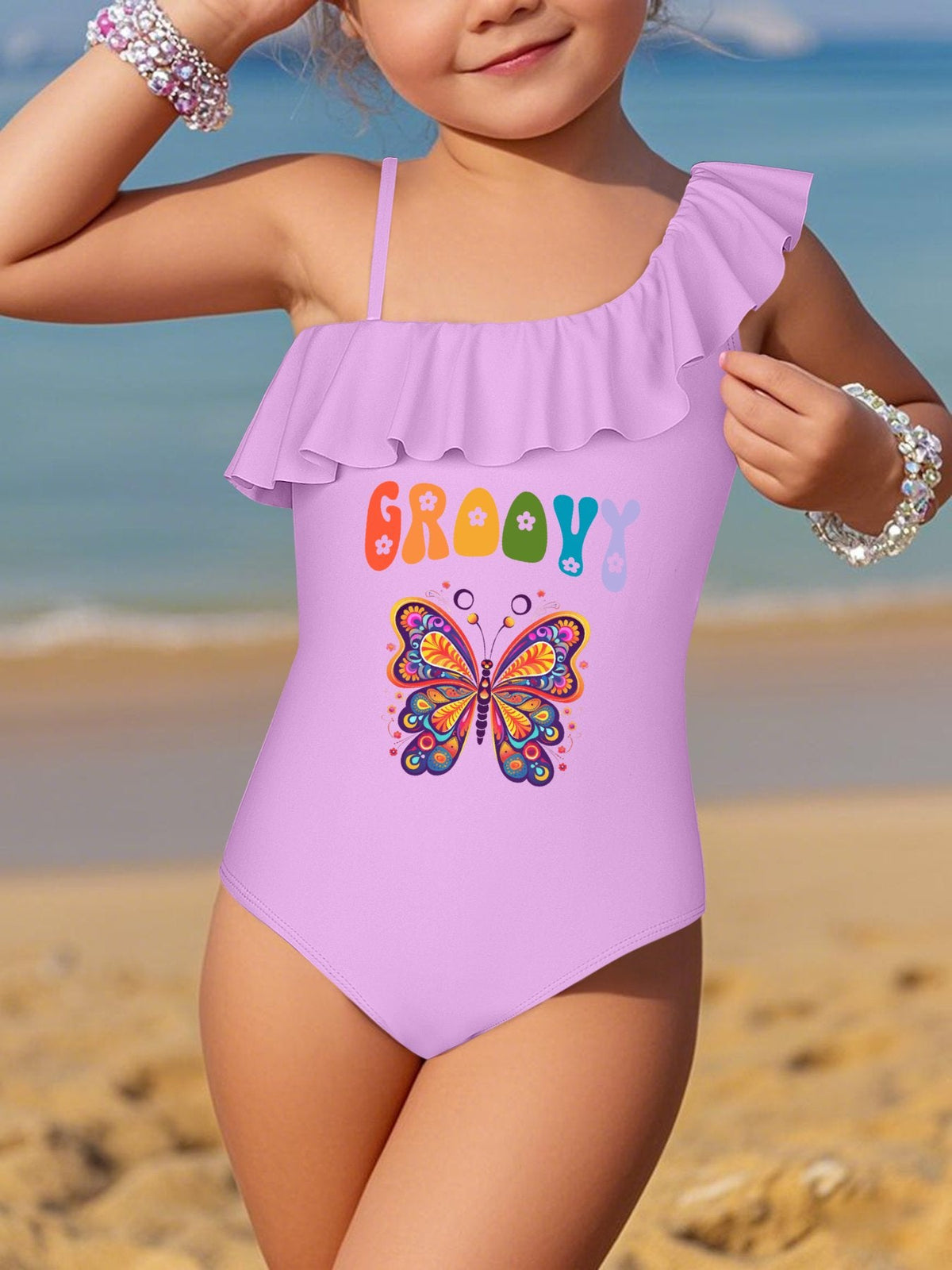 Groovy Butterfly Girls' Ruffled One-Piece Swimsuit (Front Printing)