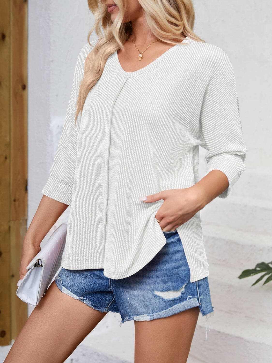 T-Shirts Trendsi just arrived - Textured 3/4 sleeve blouse