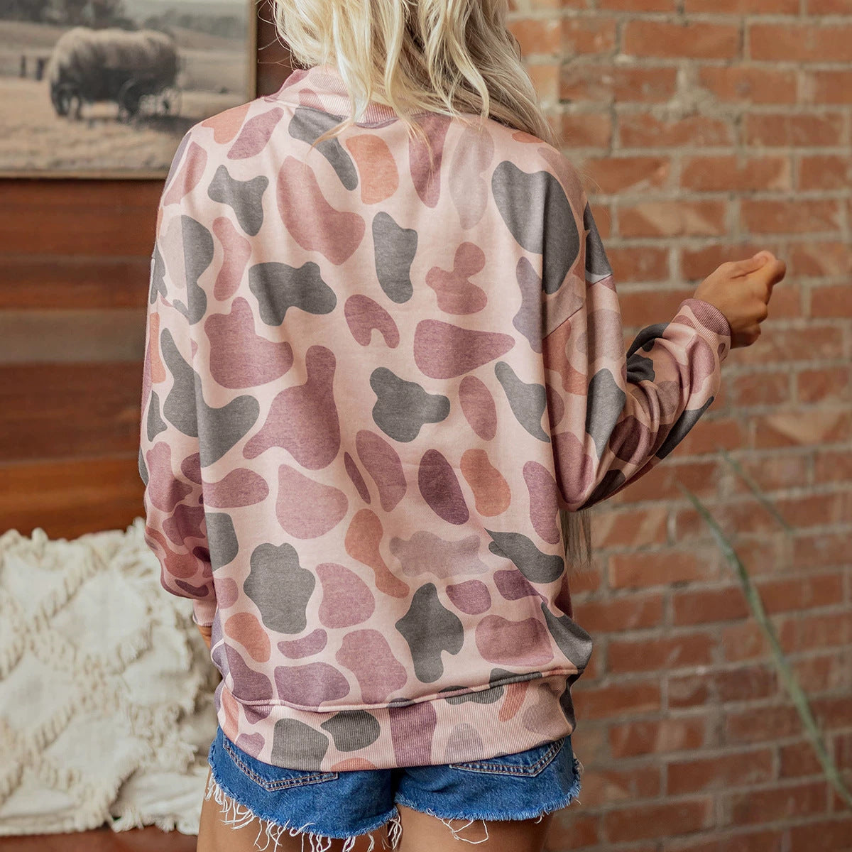 Women's Camouflage Fashion Round-Neck Long-Sleeve Loose-Fit Sweatshirt