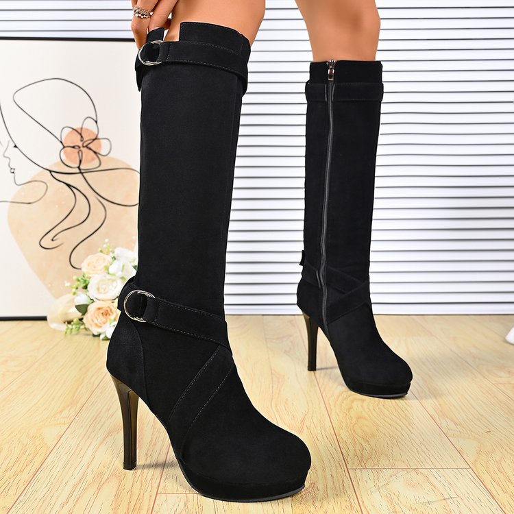 New Arrival HighHeel Suede Midcalf Boots, Belt Buckle Foreign Trade PlusSize Stiletto RoundToe KneeHigh Boots For Women