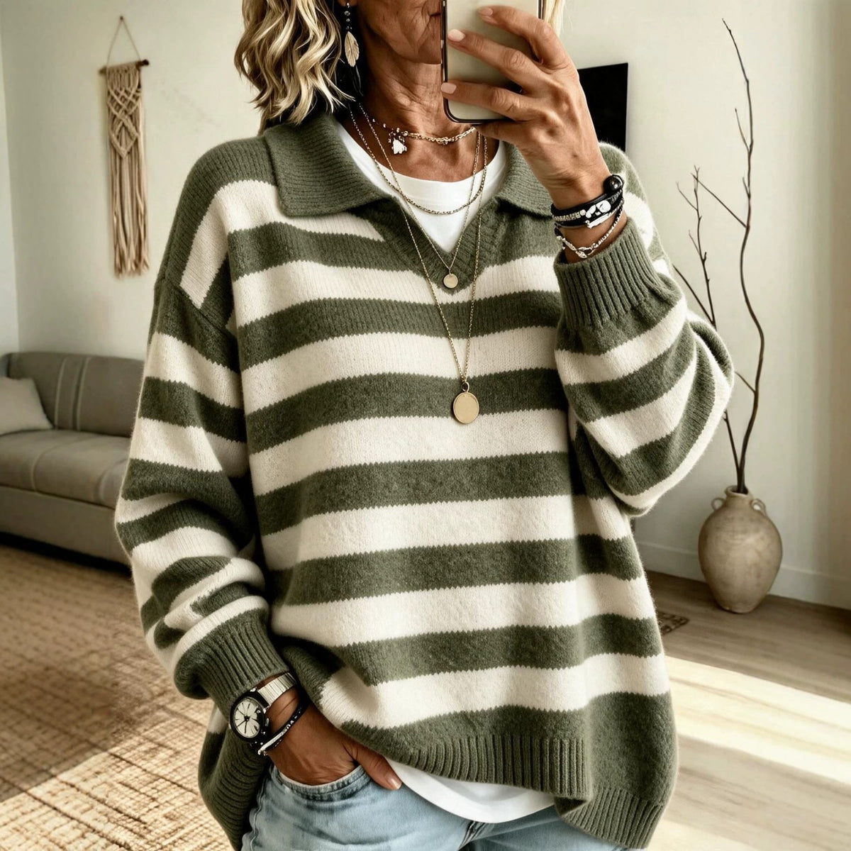 Women's Striped Color-Block Navy-Style Knit Sweater With Lapel Collar