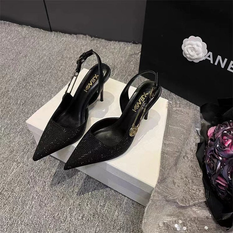 Pointed-Toe Stiletto Rhinestone Patent Leather Heels